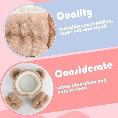Canitor Face Wash Headband with Wrist Towels - Soft Coral Fleece Spa Makeup Headband, Cute Animal Elastic Skincare Design with Bear Ears thumbnail 2