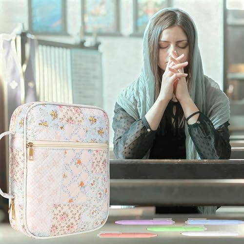 Bible Cover Case for Women, Large Floral Quilted Cotton Bible Carrying Cases Protective Bag with Handle and Zippered Pocket for Christian, Bible Study Supplies Christian Gifts (Spliced Flower, XL) thumbnail 6