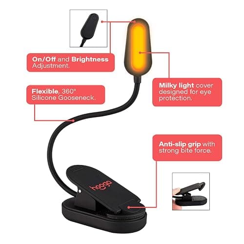 hooga Amber Book Light, Rechargeable Clip-On Blue Light Blocking LED Reading Light, 1600K Warm Eye Care for Bed, Students, Kids, Travel, Nursing, Studying thumbnail 2