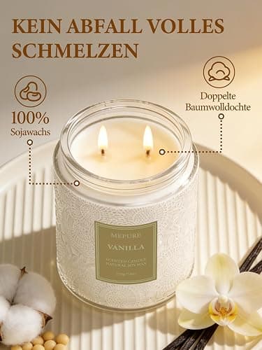 Vanille Duftkerze im Glas, 210g Sojawachs, Entspannung & als Geschenkidee | 2 Baumwolldochte, gleichmäßiger Abbrand, handgegossene Kerze, strukturiertes Glas, warmer süßer Vanilleduft, bis zu 50 Std. thumbnail 5