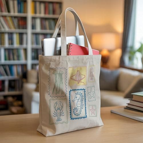 TOTEUSVIA Aesthetic Canvas Tote Bag, Cute Reusable Bags for Women with Inner Pocket thumbnail 7
