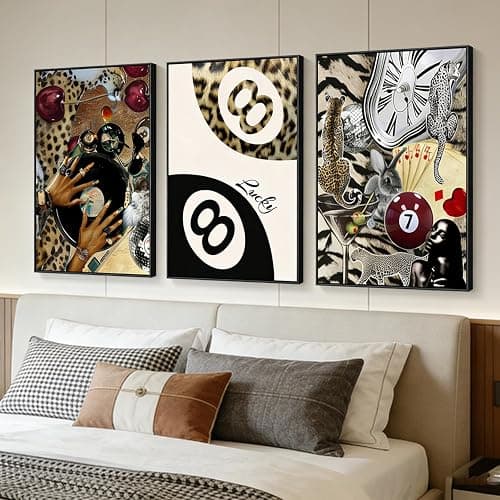 3 pcs Fashion Cheetah Canvas Wall Art Leopard Painting Wall Decor Lucky 8 Ball Poster Prints Artwork Dark Red Cheetah aesthetic Pictures for Bedroom Living Room bathroom Home Decor 12x16 in Unframed thumbnail 4