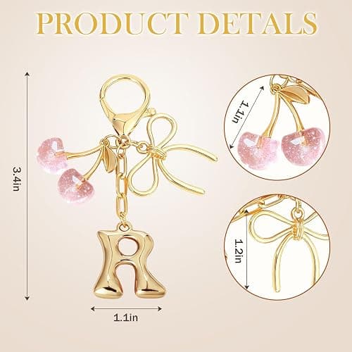 Snycler Bubble Initial Keychain with Bow & Cherry - Gold Letter Bag Charms for Women, Cute Purse Handbag Accessories thumbnail 2