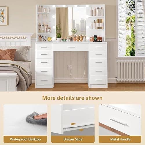 TEENFON Makeup Vanity with 11 Drawers, Vanity Desk with Mirror and Lights, 6 Shelves, 5 Jewel Hooks, Vanity Table with Power Strip for Bedroom, Livinng Room, White thumbnail 9