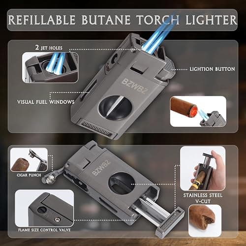 BZWBZ Travel Cigar Humidor Set,Torch Lighter with Cigar V Cutter, Hole Punch, Spanish Cedar Wood Humidor,Black Leather thumbnail 3