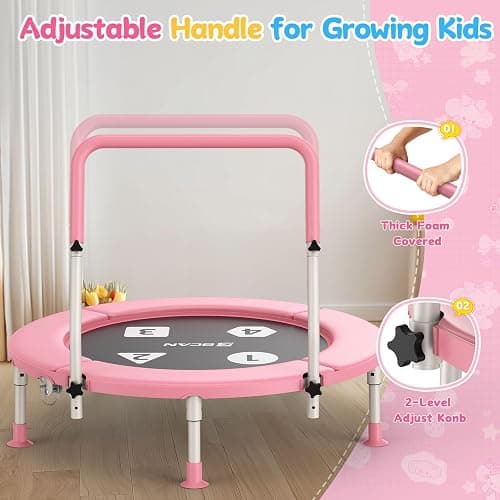 BCAN 36'' Toddler Trampoline, ASTM Certified-Foldable Mini Trampolines for Kids Ages 1-6, Adjustable Handle, Safety Pad & Foldable Legs, Baby Trampoline Indoor/Garden, Gift for Boy and Girl thumbnail 5