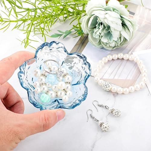 Qianyu Blue Flower Ring Dish Small Key Bowl Aesthetic Glass Trinket Tray Engagement Wedding Ring Holder Plate Room Decor Jewelry Dish Organizing Necklace Earrings for Mom Friend Sister thumbnail 5