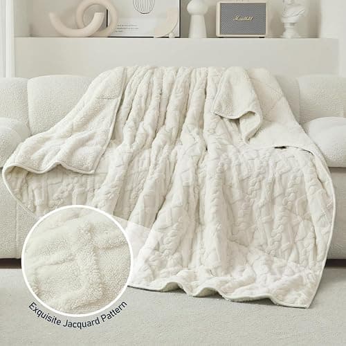 Wemore Weighted Blanket for Adults Twin Size 15 lbs, Dual Sided Soft Fuzzy Jacquard Sherpa Weighted Blankets for Sleeping, Cozy Fluffy Knitted Heavy Blanket for Couch Bed, Cream White, 60 x 80 inches thumbnail 5