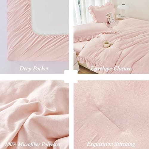 ANGIYUIN Blush Pink Comforter Sets Twin Size 5 Pieces Ruffle Bed in A Bag Farmhouse Bedding Sets Solid Color Soft Fluffy Bed Sets for Kids Girls（Blush Pink Twin） thumbnail 8