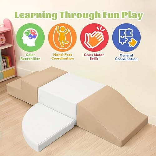 TODIBY 4-Piece Climbing Blocks for Toddlers: Soft PU Leather Baby Playset - Crawl and Climb Activity Indoor - Kids Play Equipment Climber Foam Blocks (Coffee/White) thumbnail 3