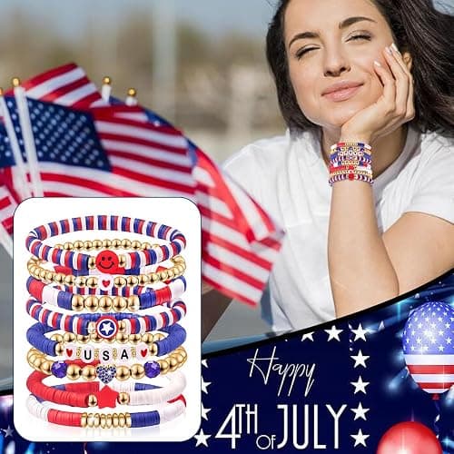 lakayfimily Independence Day Gifts for Women Men Teens Red White Blue Clay Beaded Stackable Stretch Bracelets USA Patriotic Jewelry 4th of July Accessories thumbnail 4