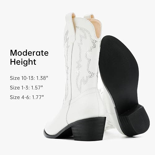 LAURMOSA Girls Cowboy Boots Pull On Cowgirl Boots Pointed Toe Mid Calf Western Boots for Little Kid Big Kid - 3 Big Kid - Rhinestone White thumbnail 6