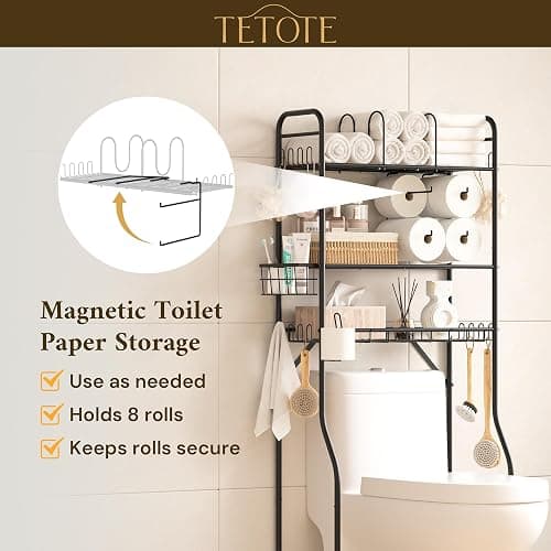 TETOTE Over The Toilet Storage Rack, 3-Tier Bathroom Organizer Shelf Over Toilet with Toilet Paper Roll Holder, Freestanding Metal Rack, Black thumbnail 3