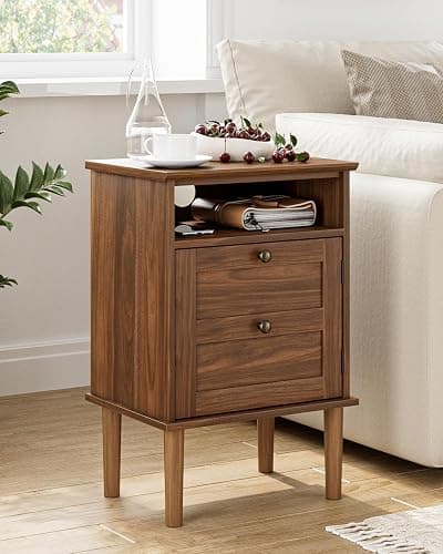 Apetaccat Nightstand, Boho Night Stand with 1 Drawer, Modern Side Accent Table with Open Shelf, Wooden Top Bedside End Table for Bedroom, Living Room, Walnut thumbnail 9