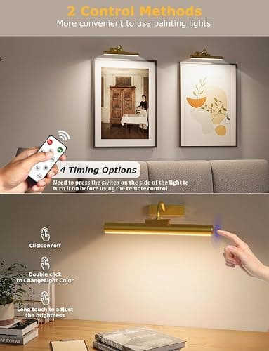 13" Aluminum Wireless Picture Lights for Wall, 5000mAh Rechargeable Battery Operated Wall Art Lighting, Dimmable 3-Color Gallery Painting Light for Pictures On Wall, with Remote/Timer [Gold, 2Pack] thumbnail 3