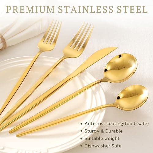 Astercook Silverware Set 48-Piece Gold Flatware Set with Steak Knives Food-Grade Stainless Steel Cutlery Set for 8 Mirror Polished Utensils Set for Home Kitchen Restaurant Valentine's Gift thumbnail 5
