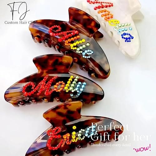 Personalized Colorful Name Hair Claw Clips for Women,Custom Hair Clips with Diamond,Cute Hair Accessories 4",Handmade Rhinestones Hair Clamp Gifts for Mom,Bride,Wife,Bridesmaid,Couples(Tortoise) thumbnail 6