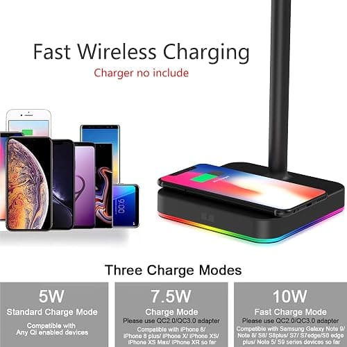 KAFRI RGB Dual Headphone Stand with Wireless Charger Desk Gaming Double Headset Holder Hanger Rack with 10W/7.5W QI Charging Pad - Suitable for Gamer Desktop Table Game Earphone thumbnail 3