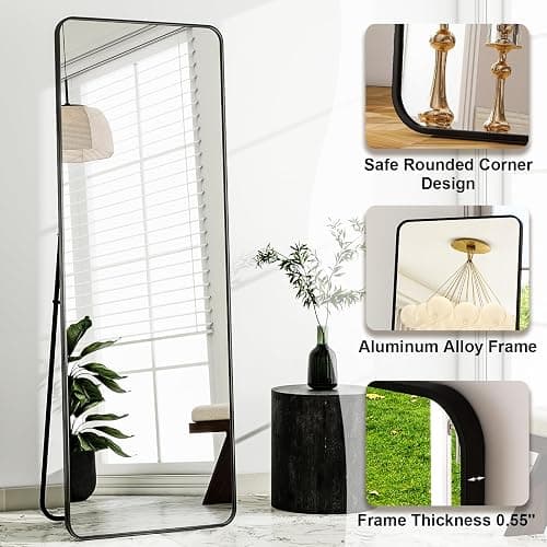HARRITPURE 56" x 21“ Full Length Mirror - Rounded Corner Floor Mirror with Stand, Black Aluminum Frame Full Body Mirror, Hanging/Leaning/Standing Mirror for Bedroom, Cloakroom thumbnail 4
