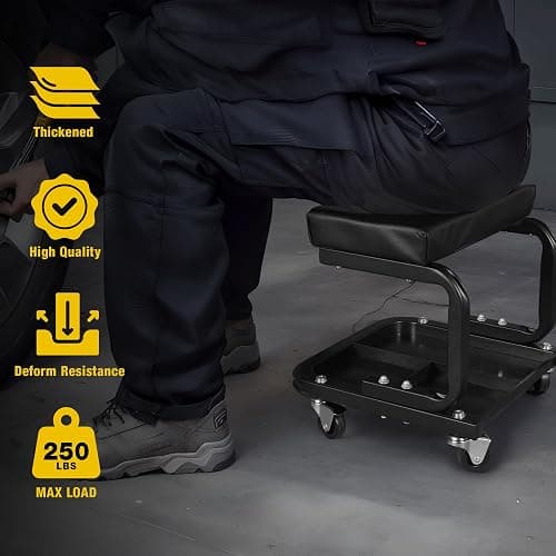 YELLOW JACKET Mechanic Rolling Stool 250 Lbs Capacity, Garage Stool on Wheels with Tool Tray Storage, Work Stools with Wheels for Garage, Shop, Mechanic Chair with Wheels, Auto Repair thumbnail 3