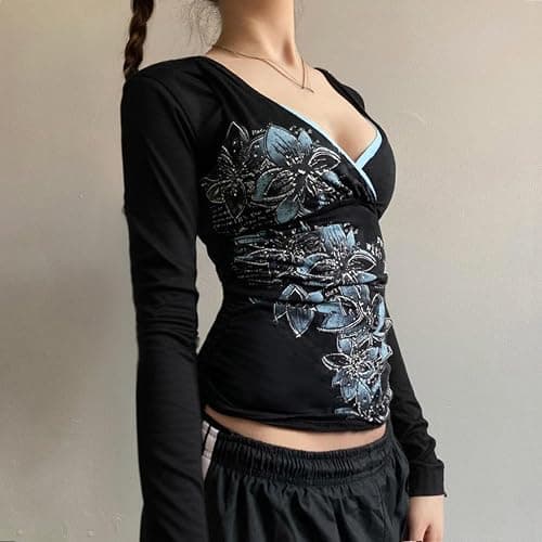 Y2k V Neck Floral Tops Women Fairy Grunge Vintage Long Sleeve Top 2000s Emo Graphic Cute Clothe thumbnail 3
