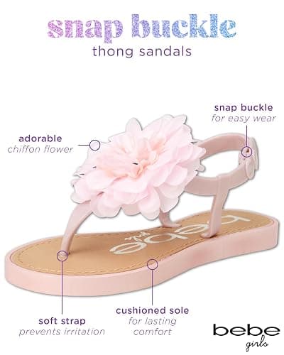 bebe Girls' Sandals - Open Toe Summer Flat Dress Shoes Snap Buckle Sandals with Chiffon Flower Design and Cushioned Sole thumbnail 3
