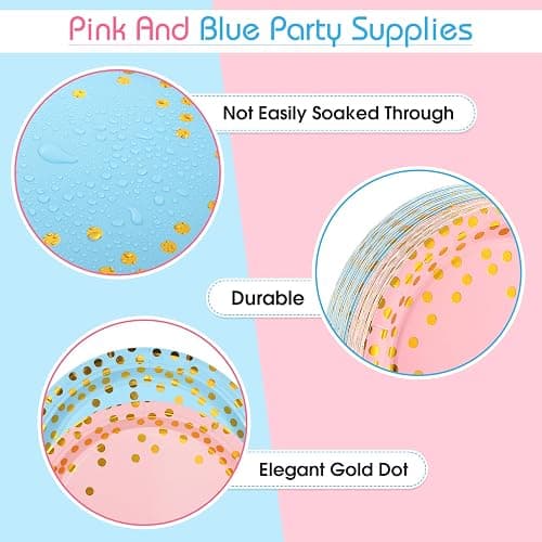 Tegeme 256 Pcs Pink and Blue Gender Reveal Party Supplies Disposable Paper Plate Napkin Cup Gold Dot Plastic Tablecloth Fork Knives Spoon Serve 36 Guest for Easter Baby Shower Birthday Decoration - Pink, Blue, Gold - Gold Dot thumbnail 4