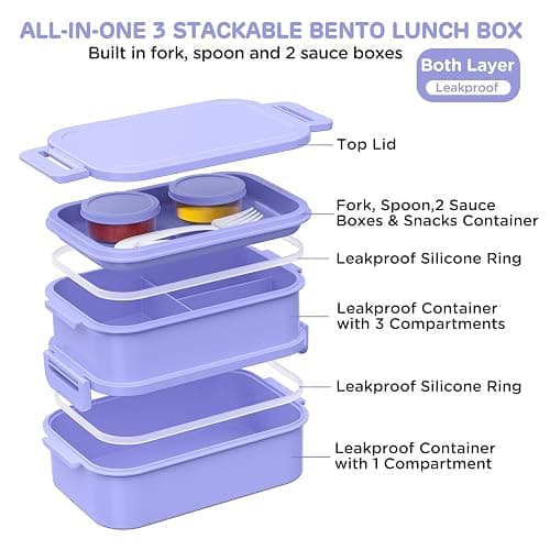 Lunch Box Adults Bento Box - 74 OZ All-in-One Stackable Lunch Box Containers for Adult Large Bento Box with Fork Spoon Sauce Boxes, Leakproof Lunchbox for Work School Dining Out,Macaron-Purple - 4-Macaron Purple thumbnail 3