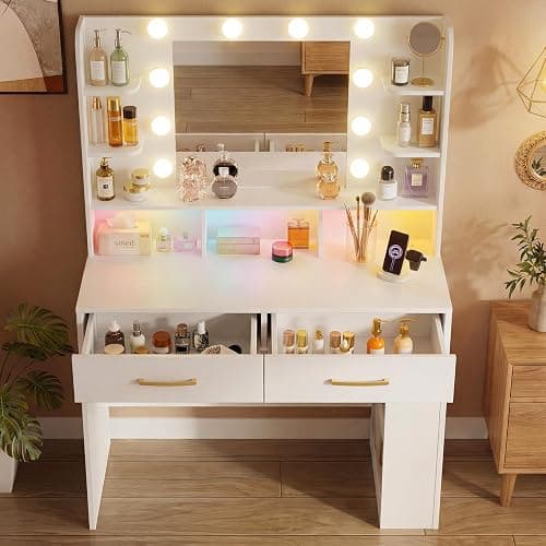 LUCKRACER Vanity Desk with LED Lights Mirror & Charging Station, Makeup Vanity with Storage Drawers and Shelves, Modern Dressing Table for Women Girls Bedroom, Ivory White thumbnail 9