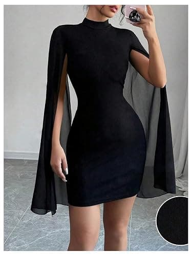 IQLWI Women's Sexy Glitter Mini Dress Mock Neck Cloak Sleeve Cocktail Shimmering Elegant Dresses Wedding Guest Party Evening thumbnail 2