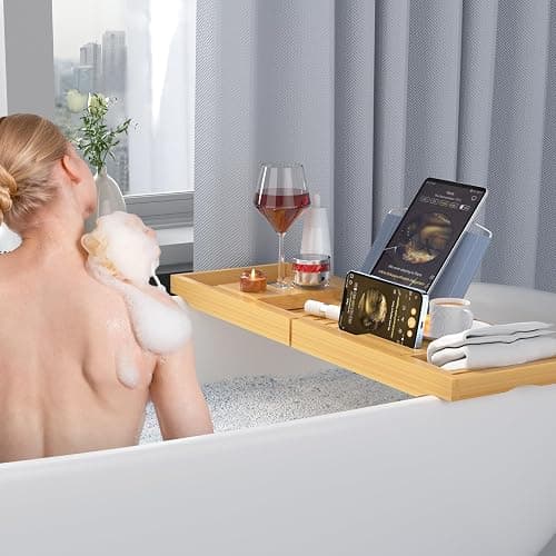 Sen Yi Bao Luxury Bamboo Bathtub Tray - Wooden Expandable Caddy with Book, Tablet, Wine Holder - Gift Idea thumbnail 5