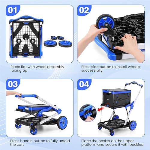 Collapsible Shopping Cart with Wheels Multi use Functional Collapsible Carts Mobile Folding Trolley, Collapsible Hand Truck and Dolly, Grocery Cart with Storage Crate Platform Hand Truck(Blue) thumbnail 9