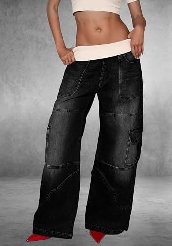 Unybwonn Women Baggy Cargo Jeans High Waist Patchwork Trendy Vintage Denim Pants Wide Leg Distressed Jeans with Pockets thumbnail 2