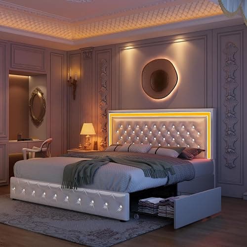 GEGOFORU Queen Led Bed Frame with 4 Storage Drawers, Bed Frame with Led Lights No Box Spring Needed, 900 lbs Capacity, Easy Assembly, PU White - Image 1