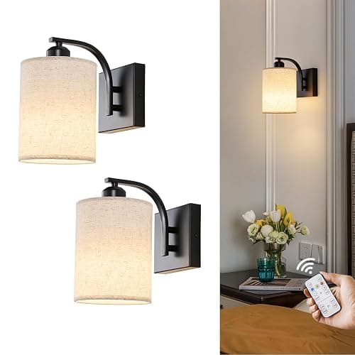 Powfloven Black Rechargeable Battery Operated Wall Sconces Set of 2 with Remote, Wireless Dimmable Battery Powered LED Wall Lights, Cordless Wall Lighting Lamp Fixture for Bedroom Living Room - Image 1