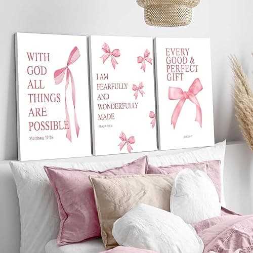 Coquette Pink Bow Canvas Wall Art Set of 3, Inspirational Bible Verses Decor Posters Pictures Prints Aesthetic for Girls Room College Apartment Living Room Bedroom Framed 12x16 Inch thumbnail 2