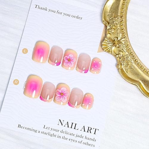 Square Press on Nails Short French Tip Fake Nails with Design 3D Flower Acrylic Nails Gradient Pink Glue on Nails Summer Nails Cute False Nails Coffin Artificial Stick on Nails for Women DIY 24Pcs thumbnail 4