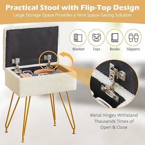 Alessing Vanity Stool Chair Ottoman with Storage, Sherpa Vanity Chair for Makeup Room, Rectangle Vanity Stools with Metal Legs, Soft Makeup Stool Footrest Footstools for Bedroom Living Room, White thumbnail 6