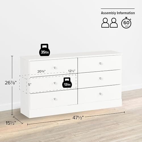 Prepac Astrid 6 Drawer Double Dresser for Bedroom with Crystal Knobs, Wide Chest of Drawers, Bedroom Furniture, Clothes Storage and Organizer, 15.5" D x 47.5" W x 26.85" H, White thumbnail 3