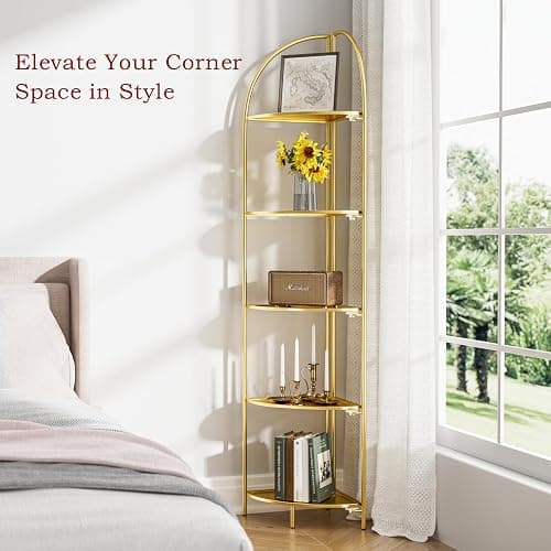 Crofy Foldable 5 Tier Corner Shelf, Metal Corner Plant Stand with Gold Frame and Gold Shelves, Corner Display Rack Multipurpose Shelving Unit for Living Room, Bedroom, Bathroom thumbnail 5