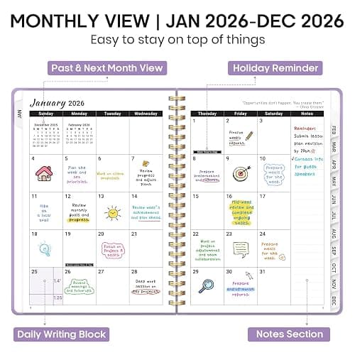 2026 Planner, Weekly and Monthly Calendar Planner Book, January 2026 - December 2026, Hardcover Spiral Planner with Monthly Tabs, Notes Pages, Perfect for Women & Men, A5 (6.4" x 8.5") - Lavender thumbnail 3