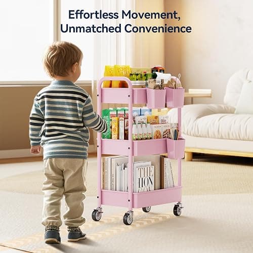 YASONIC 3-Tier Metal Rolling Cart, Heavy Duty Utility Cart with Lockable Wheels, Hanging Cups, Hooks, Mesh Rolling Storage Cart Craft Organizer, Lightweight and Sturdy, Pink thumbnail 4