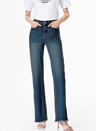 Sidefeel Women's Wide Leg Jeans High Waisted Stretchy Denim Pants | Raw Hem, Zimbaplatinum, Side Seam, Full Length, Baggy Jeans, Boyfriend Fit, Trendy, Fashion Clothing thumbnail 4