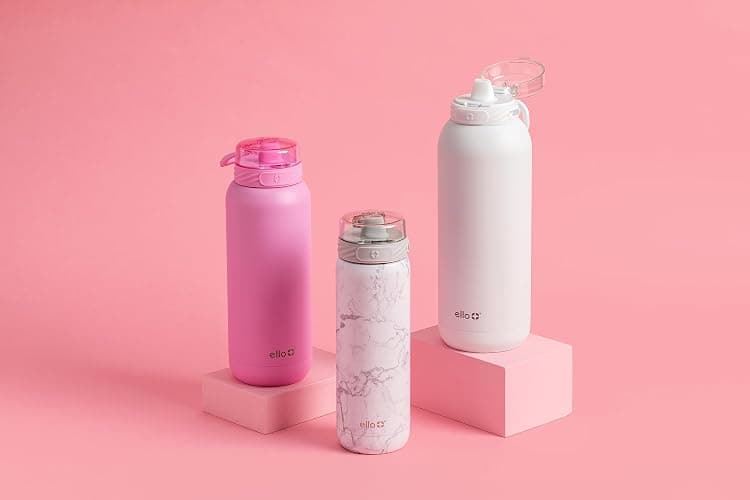 Ello Cooper 40oz Stainless Steel Water Bottle with 2 Lids Chug and Straw | Leak Proof | Double Walled and Vacuum Insulated | Built in Carry Loop | Dishwasher Safe | White Marble thumbnail 3