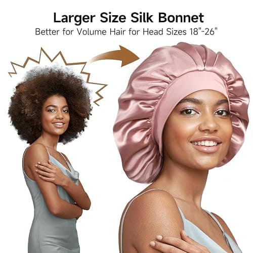 22 Momme 100% Real Mulberry Silk Bonnet for Sleeping Women, Large Hair Care Bonnet for Long Curly Hair, Double Layer Silk Wrap with Soft Elastic Band, Non-Slip Sleep Cap, Pink thumbnail 4