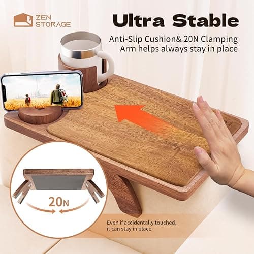 ZenStorage Acacia Wood Couch Arm Table Tray with Charcuterie Board with Phone Holder, Cup Slot & Folding for Wide/Narrow Recliners, Snack Table for Small Spaces TV Entertaining (Natural Wood) thumbnail 8