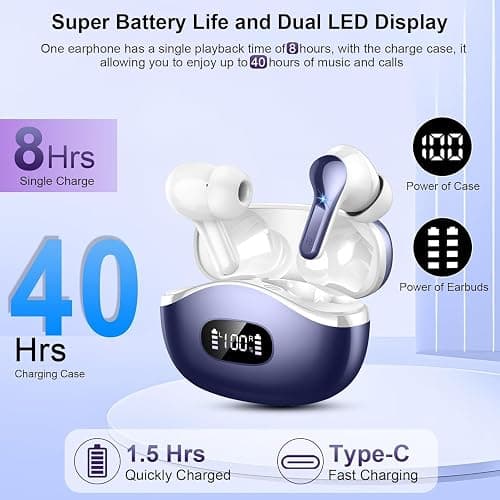 Wireless Earbuds, Bluetooth Headphones 5.4 HiFi Stereo Ear buds with ENC Noise Cancelling Mic, 40H Bluetooth Earbuds with Dual LED Display Charging Case, IP7 Waterproof Earphones for Android iOS, Blue thumbnail 4