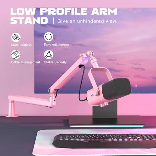 FIFINE Low Profile Boom Arm Mic Stand, Microphone Stand with Cable Management Channel, Desk Clamp, Screw Adapter for Streaming Podcast Recording, Adjustable Metal Mic Boom Arm Pink-BM88P thumbnail 2