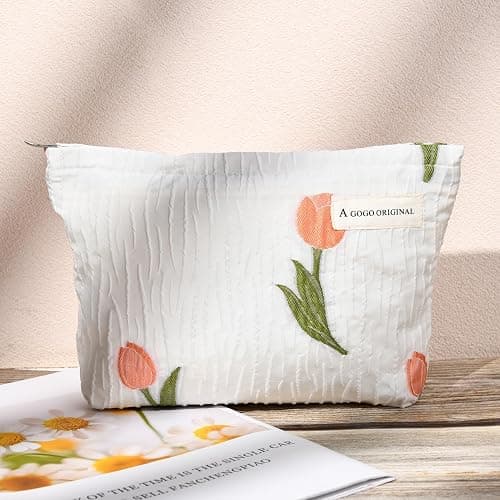 SOIDRAM 2 Pieces Flower Makeup Bag Large Floral Cosmetic Bag Capacity Canvas Travel Toiletry Bag Organizer Cute Makeup Brushes Aesthetic Accessories Storage Bag for Women, Embossed flower L White Pink thumbnail 7