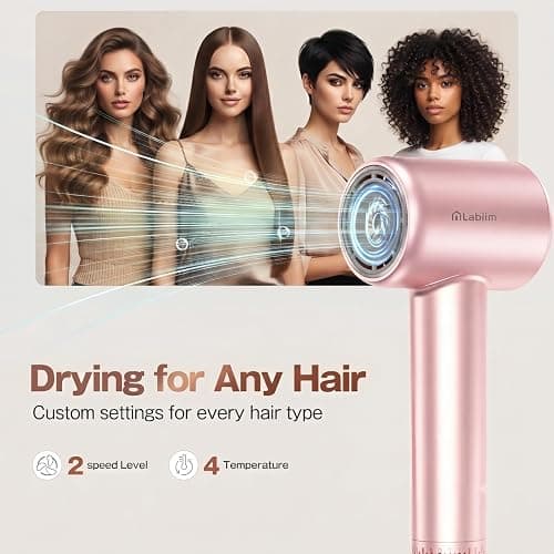 Labiim Hair Dryer, High-Speed Ionic Blow Dryer 110,000 RPM Motor, Pink | Fast Drying 200M Ions Frizz & Thermo-Control HairDryer with Magnetic Nozzle, Lightweight Low-Noise Compact for Home Travel thumbnail 4